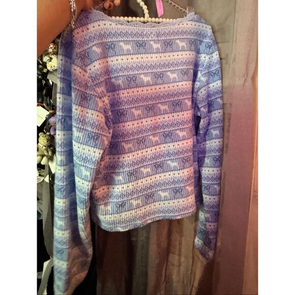 NWT blue fair isle VS pink x loveshackfancy waffle long thermal pj pajama set - Picture 9 of 13